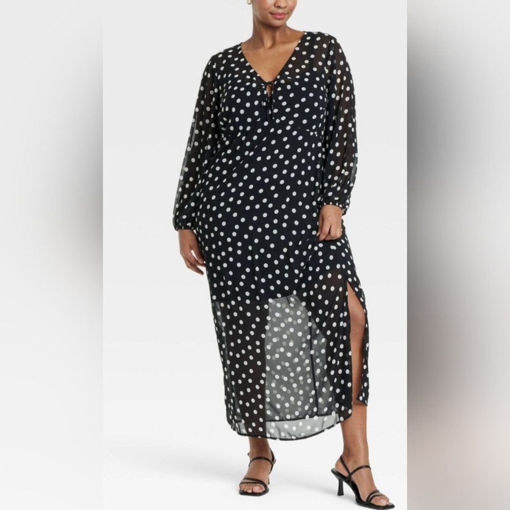 AVA & VIV  Balloon Long Sleeve Maxi Shift Dress-M Black Polka Dots NWT SZ 2XL: